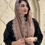 شال حریر  شیفون گل برجسته دور دانتل (۱۴۱۰)