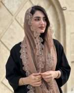 شال حریر  شیفون گل برجسته دور دانتل (۱۴۱۰)